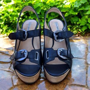 EUC‎ Via Spiga Black Leather Wedge Sandal | Size 6.5